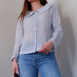 Alaia Pale Blue Sheer Button-Front Blouse with Peter Pan Collar